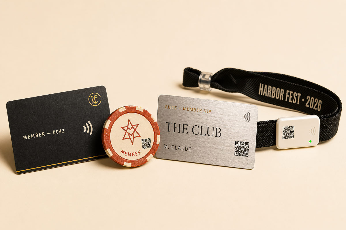 The Loyalty Chips product family — plastic member card, weighted poker chip, festival wristband, and brushed-metal VIP card on a studio backdrop. Each format embeds an NFC tag and a printed QR code.